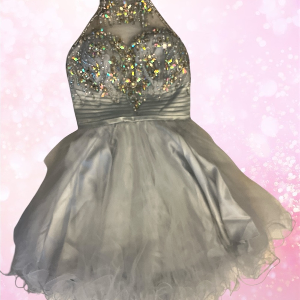 Silver Ruched Halter Prom Dress - Picture 5 of 14